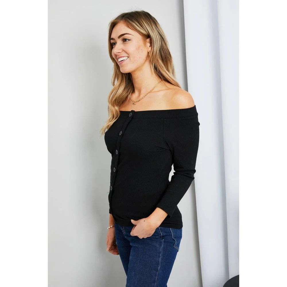 Culture Code Buttoned Off-Shoulder Ribbed Top - Picture 4 of 7